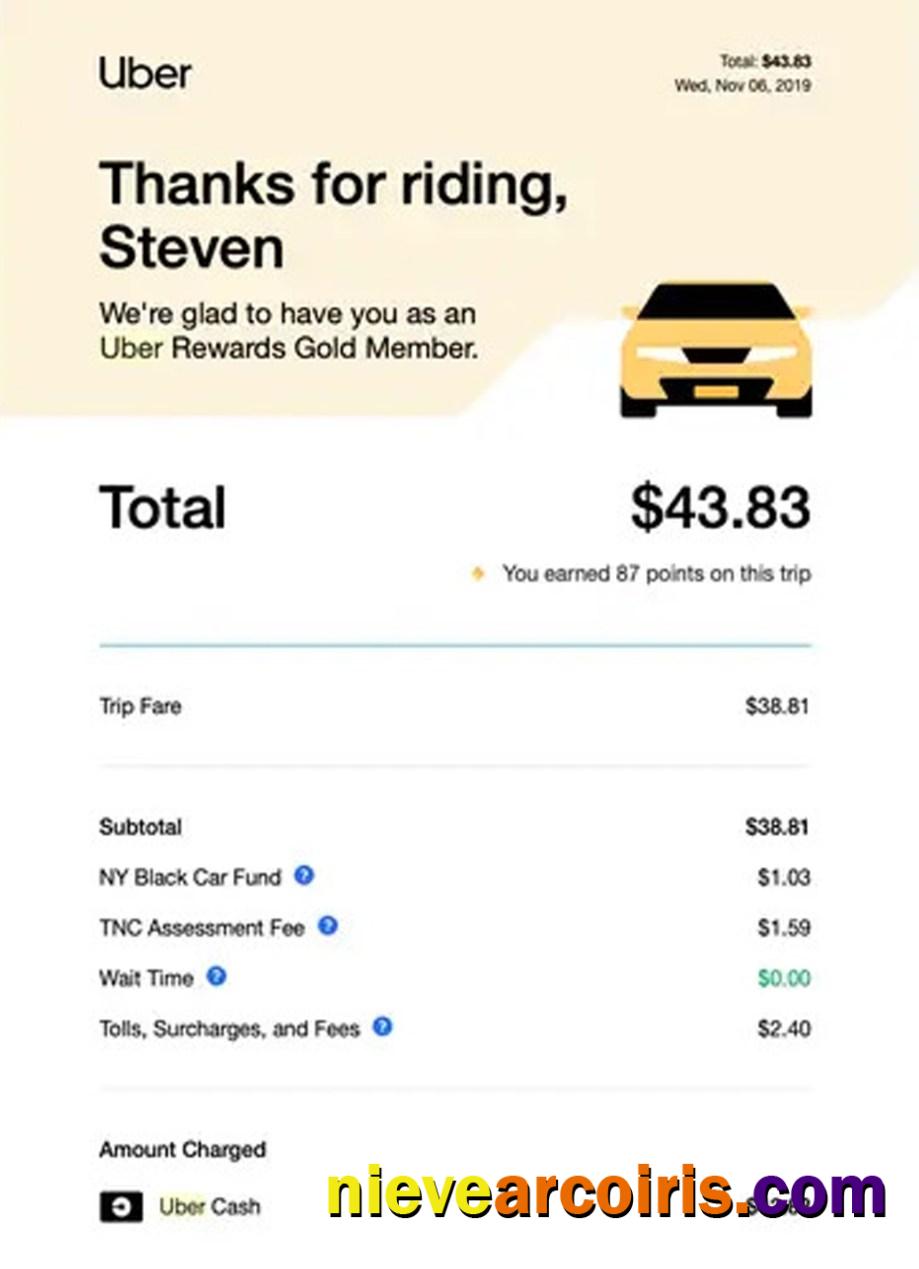 Uber service payment receipt